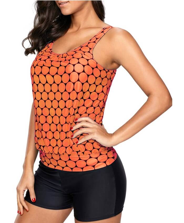 Printed Scoop Neck Orange Tankini Top and Shorts